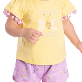Conj. blusa manga curta amarela pompons + shorts lilás abelhinha