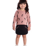 Conj. casaco tricô rosa + saia-shorts suede preta