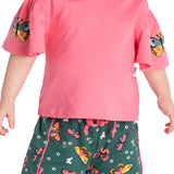 Conj. blusa manga borboleta rosa + shorts borboletas verde