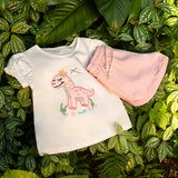 Conj. blusa manga curta bufante dinossaura + shorts moletinho rosa claro
