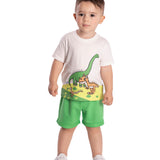 Conj. camiseta manga curta off white dinossauros + bermuda moletinho verde