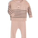 Conj. suéter listrado + calça tricô bege
