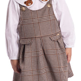 Conj. salopete jacquard pied de poule marrom + blusa manga longa tecido plano branca