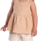 Conj. blusa sem manga em tecido gaze bordado bege + shorts linho