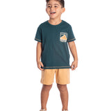 Conj. camiseta manga curta verde turquesa + bermuda moletinho bege