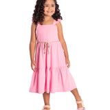 Vestido sem manga malha rosa com cinto colorido