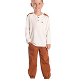 Conj. camiseta manga longa malha texturizada + calça tecido corta-vento marrom