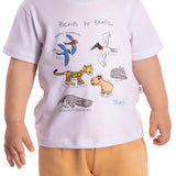 Conj. camiseta manga curta branca bichos do Brasil + bermuda moletinho cáqui