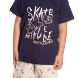 Conj. camiseta manga curta skate marinho + bermuda moletinho bege