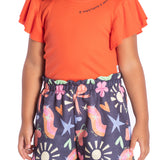 Conj. blusa manga curta laranja + shorts marinho estampado
