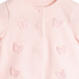 Casaco tricô rosa com aplique borboletas de organza