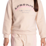 Conjunto moletom casaco bege + calça bege frisos rosas