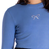 Blusa juvenil manga longa malha canelada azul