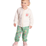 Conj. moletinho casaco zíper off white + calça estampada verde