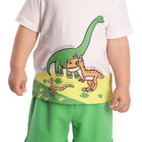 Conj. camiseta manga curta off white dinossauros + bermuda moletinho verde