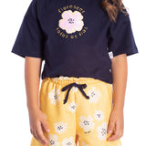 Conj. blusa manga curta marinho + shorts floral amarelo