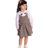 Conj. salopete jacquard pied de poule marrom + blusa manga longa tecido plano branca