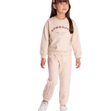 Conjunto moletom casaco bege + calça bege frisos rosas