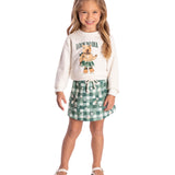Conj. moletinho casaco off white capivara + shorts-saia estampado