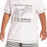 Conj. camiseta manga curta off white corrida + bermuda tecido ecológico listras verde