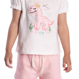 Conj. blusa manga curta bufante dinossaura + shorts moletinho rosa claro