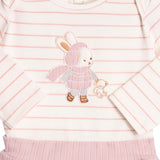 Conj. body manga longa listrado patch coelho + calça canelada rosa