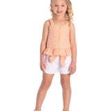 Conj. blusa sem manga xadrez vichy laranja + shorts sarja branco