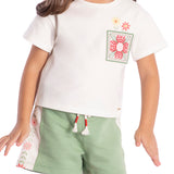 Conj. blusa manga curta bolso bordado + shorts verde floral