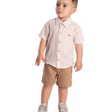 Conj. camisa manga curta listrada bege + bermuda cáqui