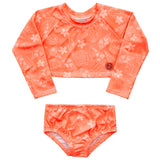 Conj. praia blusa cropped manga longa + calcinha conchas salmão