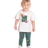 Conj. blusa manga borboleta off white + calça legging estampada verde