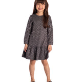 Vestido manga longa malha jacquard cinza lacinhos