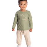 Conj. camiseta manga longa texturizada verde dinossauro + calça moletinho bege