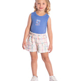 Conj. regata malha canelada azul + shorts bege xadrez colorido