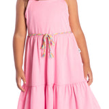 Vestido sem manga malha rosa com cinto colorido