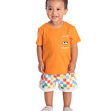 Conj. camiseta manga curta laranja + bermuda moletinho colorida