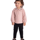 Conj. blusa manga longa gola bordada rosa + calça legging suede preta