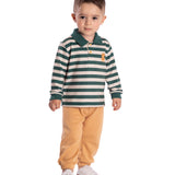 Conj. casaco polo listrado verde + calça piquetom caramelo