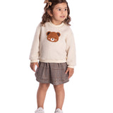 Conj. casaco em pelo bege + saia-shorts jacquard pied de poule marrom
