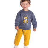 Conj. moletinho casaco azul onça pintada + calça moletinho amarela