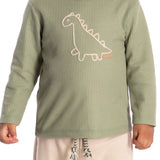 Conj. camiseta manga longa texturizada verde dinossauro + calça moletinho bege