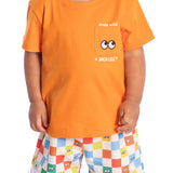 Conj. camiseta manga curta laranja + bermuda moletinho colorida
