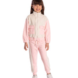 Conj. moletom casaco zíper + calça rosa detalhes em pelo