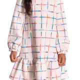 Vestido manga longa malha texturizada bege xadrez colorido