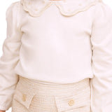 Conj. blusa manga longa gola bordada off white + saia-shorts tweed bege