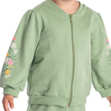 Conj. moletinho casaco zíper flores + calça verde