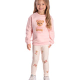Conj. feminino casaco moletom rosa + calça legging malha modal estampada