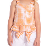 Conj. blusa sem manga xadrez vichy laranja + shorts sarja branco