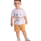 Conj. camiseta manga curta branca bichos do Brasil + bermuda moletinho cáqui
