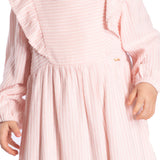 Vestido manga longa tecido fio tinto listras rosa